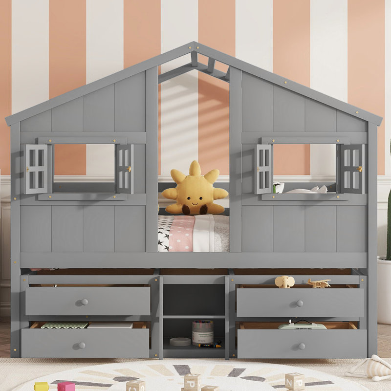 Lit mezzanine double avec toit, gris