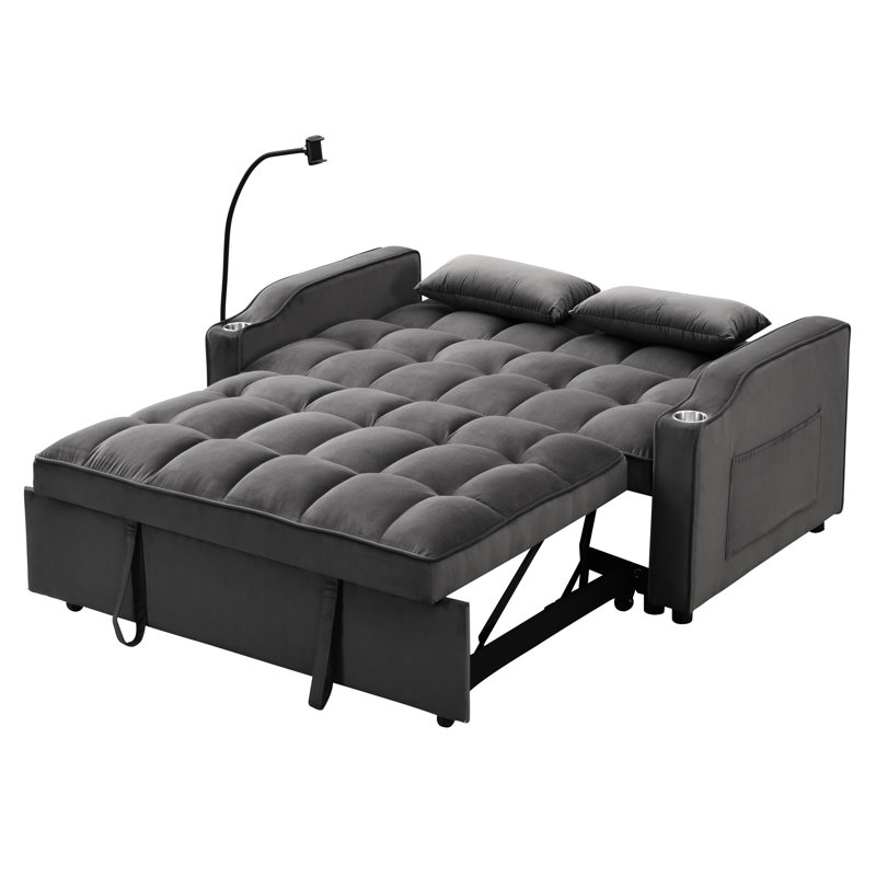 Dark Grey, Bed, Trundle, High - Quality Velvet, 2 Seat, Convertible, Sleeper, Recliner, Adjustable Back, Sitting, Lying, Sleeping, Easy To Clean, Up, Pillows, Comfort, Ports, Phone Stand, Use