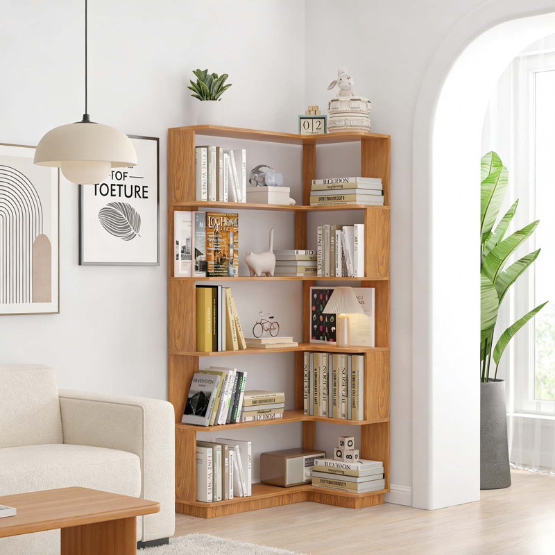 Freestanding Corner Bookshelf for Home and Office, Dark Oak