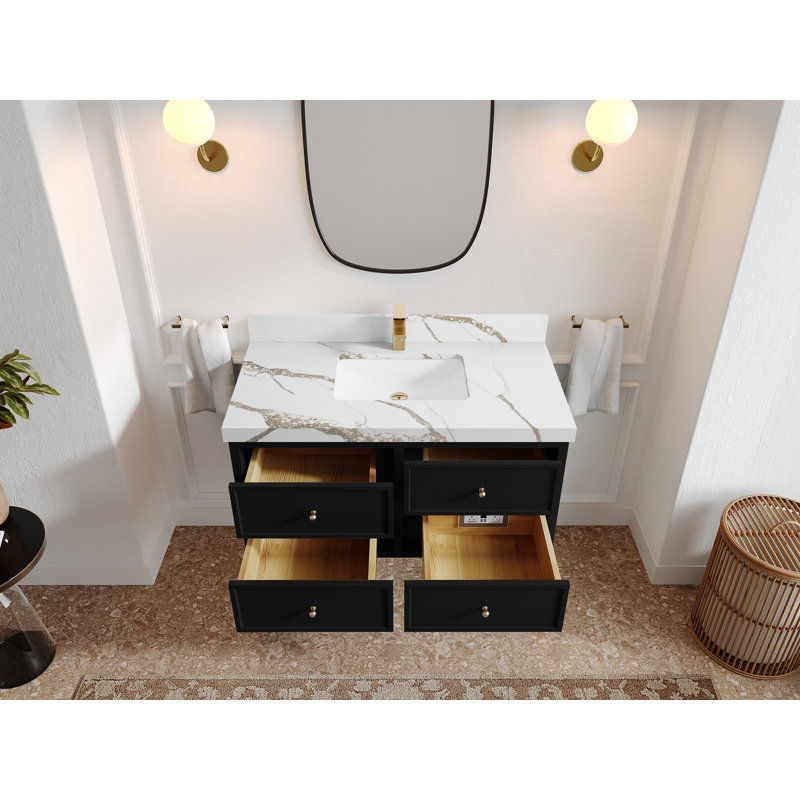 Roswell Floating 42'' Single Bathroom Vanity with Quartz Top, Calacatta Gold
