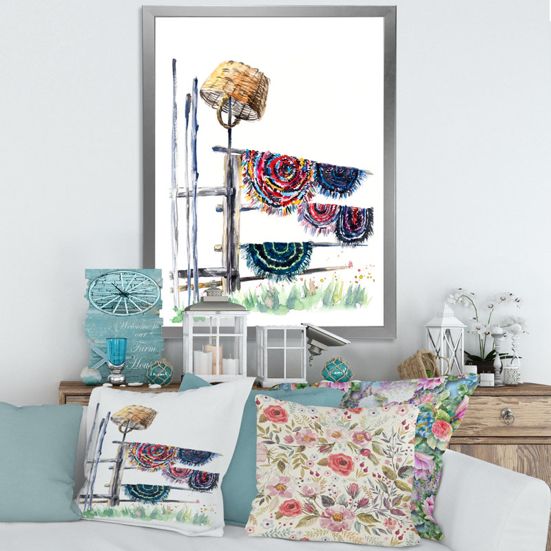 Tapis russes sur une ligne de séchage - peinture sur toile à cadre flottant, Toile avec cadre argenté