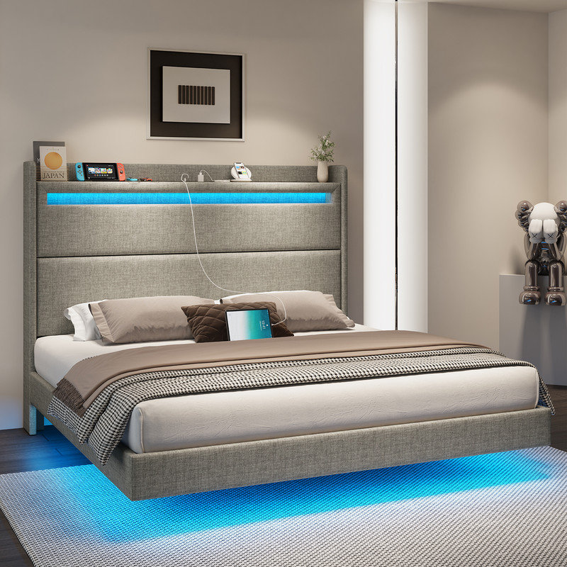 Cadre de lit flottant avec lumières DEL, lit plateforme tapissier, Double, Kaki