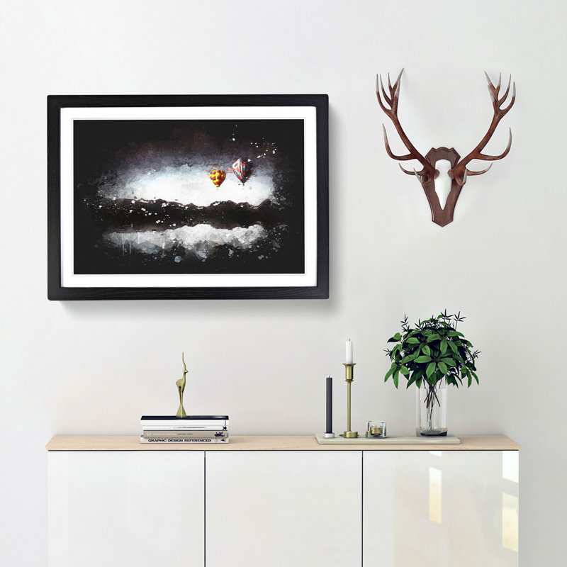Hot Air Balloons Above A Lake - Single Picture Frame Print on MDF, Black Framed, 45cm H x 63cm W x 2cm D