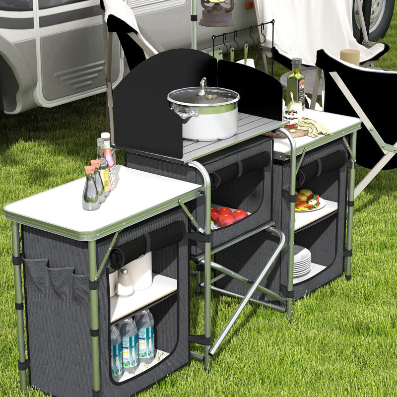 Cuisine de camping pliante avec armoires en tissu pare-brise gris, Noir