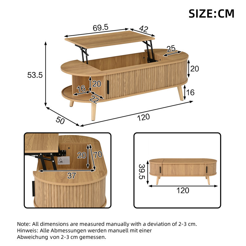 Lift Top Coffee Table with Storage, Natural wood