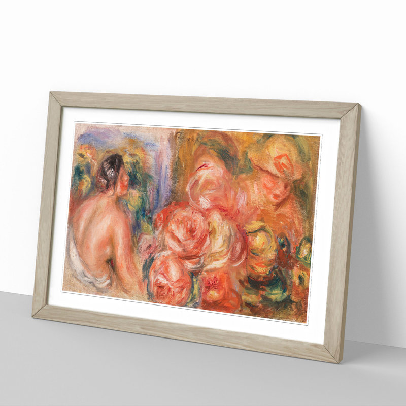 Roses and Nude Woman by Pierre-Auguste Renoir - Picture Frame Painting, 27cm H x 36cm W x 2cm D, Oak Framed