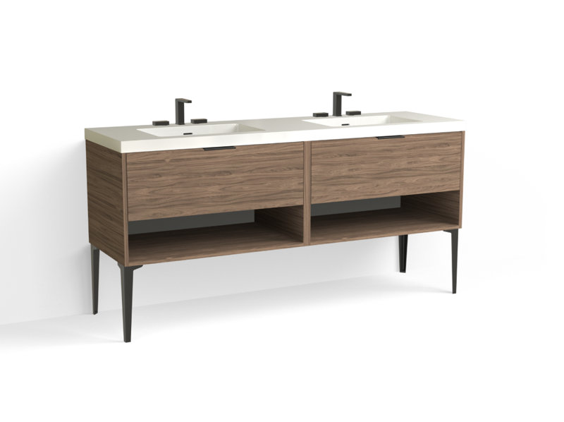 Modo 72" W Freestanding Double Bathroom Vanity with Dean Leg, Matte White/8" Widespread, Nocino, Matte Black