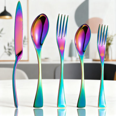 Rainbow Stainless Steel Flatware Set, 20-Piece Cutlery Set With Knife, Fork, And Spoon, Dishwasher Safe, Rustproof And Heat Resistant