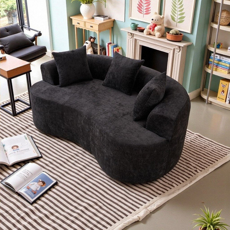 Canapé convertible 2 places, dossier bas, tissu chenille, canapé-lit modulaire sans assemblage, Noir