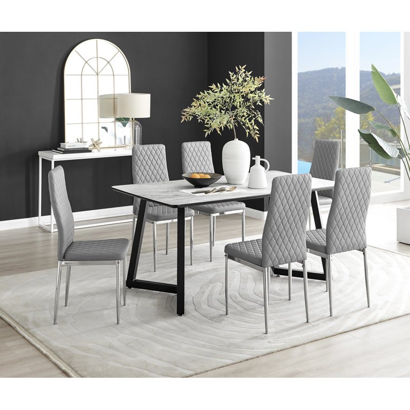 Industrial Design White & Grey Marble Effect Melamine Dining Table Set with 6 Faux Leather Chairs, Grey/Silver