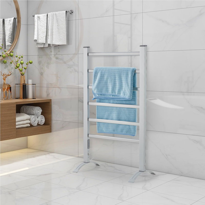 Chauffe-serviettes électrique à 6 barres, support à serviettes chauffant à brancher 105W avec minuterie 2 / 4H, IP56 imperméable, aluminium, autoportant ou mural - Accessoire de salle de bain pour la maison, spa, argent
