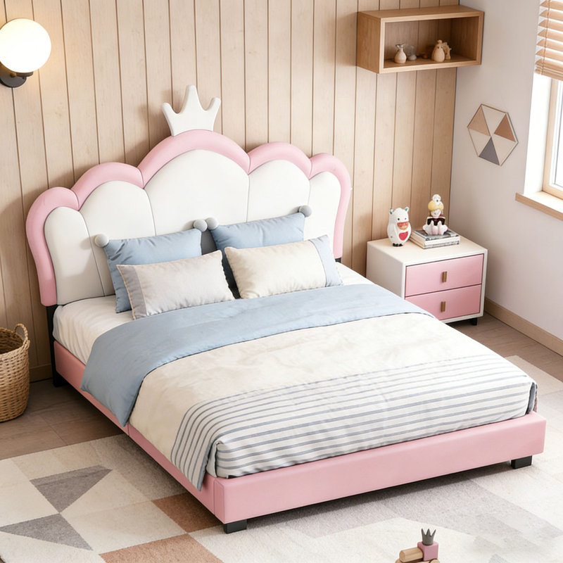 Lit princesse rembourré avec tête de lit couronne, lit plateforme double avec tête de lit et pied de lit, Lit double, Rose