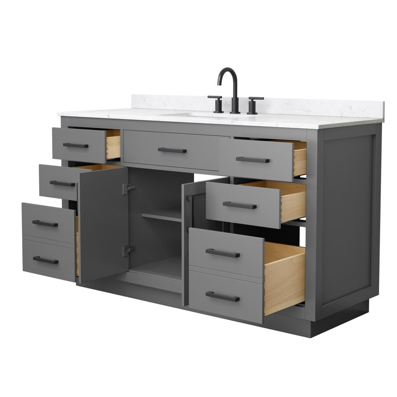 Ensemble de meuble-lavabo simple 60 po Beckett, Dark Grey with Matte Black Trim, Brushed Nickel, Marbre de culture de Carrare