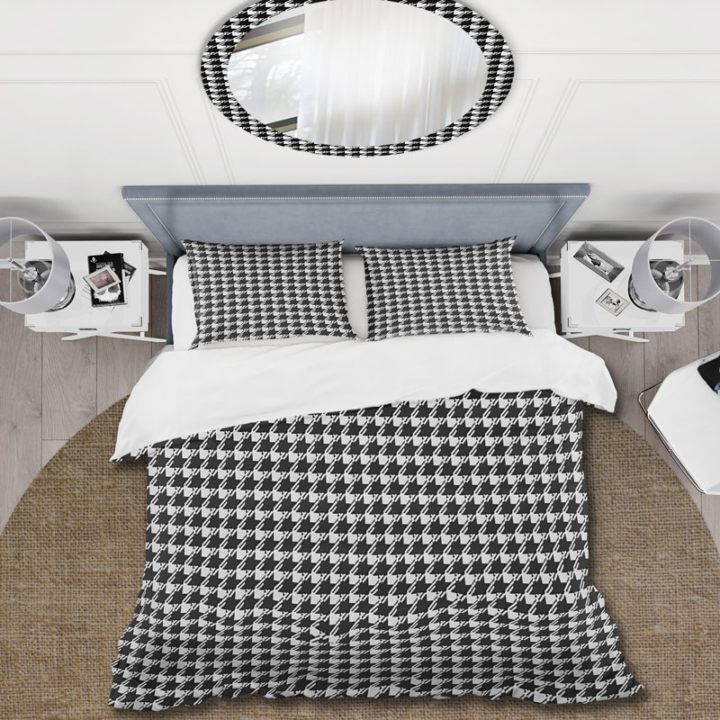 Ensemble de housse de couette Mid-Century noir et blanc Houndstooth, Housse de couette simple + 2 taies décoratives st