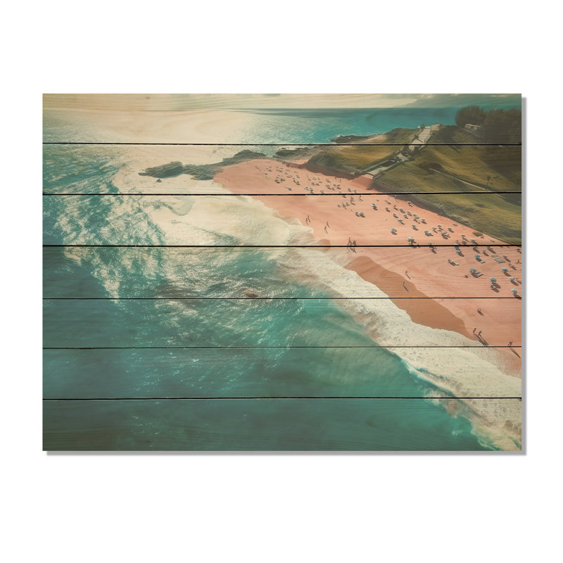 Vue aérienne de la plage bleue et rose IV - Plage et océan sur bois, H 30 po x l 40 po x P 0,78 po