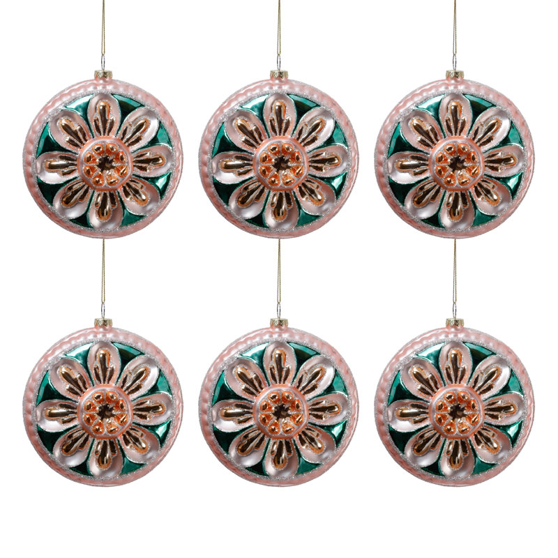 Médaillons de Noël vintage en verre à motifs floraux, ensemble de 6