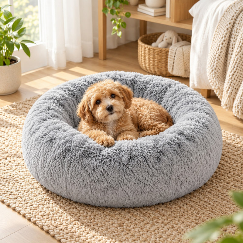 Coussin rond en fausse fourrure gris fumé pour petits chiens et chats, 50 cm