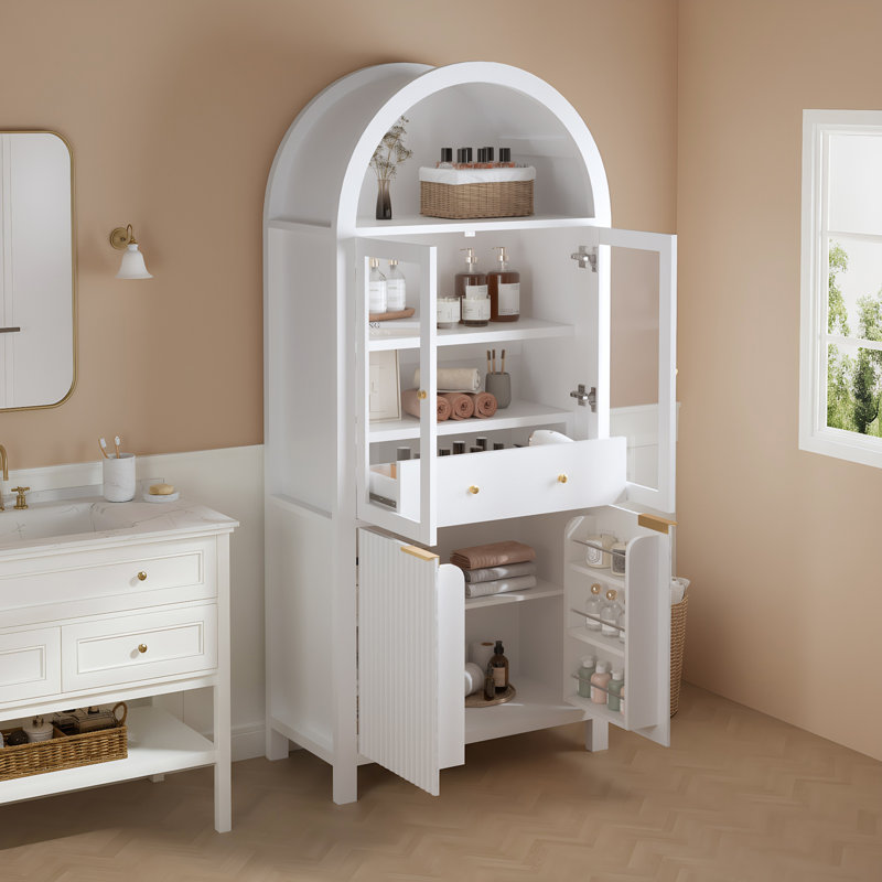 Fluted Tall Arched Pantry Cabinet with Adjustable Shelves, Elegant Display Storage with Hidden Drawer & Glass Door for Kitchen, Living Room, Dining Room
