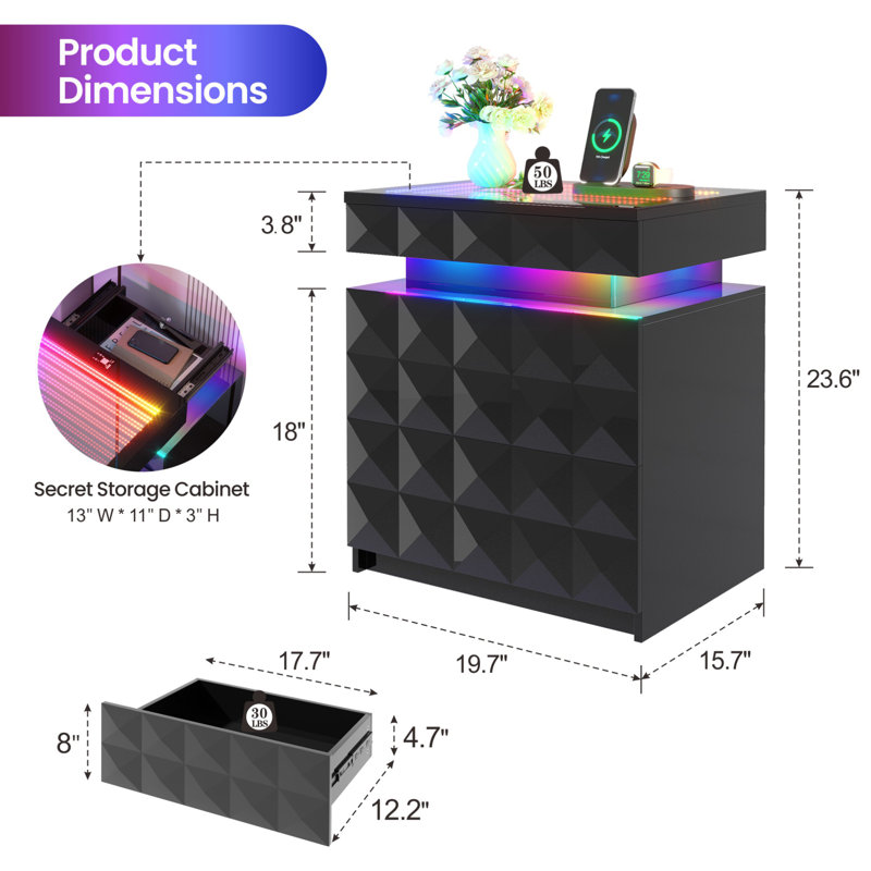 2-Drawer Nightstand with Adjustable RGB Light and Human Body Detection,Fashionable Mirror Visual Design Bedside Table with Charging Station