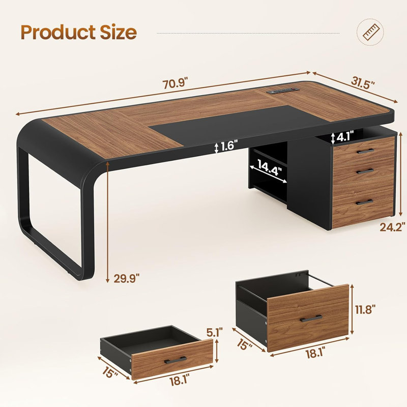 70.9" Executive Desk Large Computer Desk With Drawers And Lateral File Cabinet, Coffee Brown