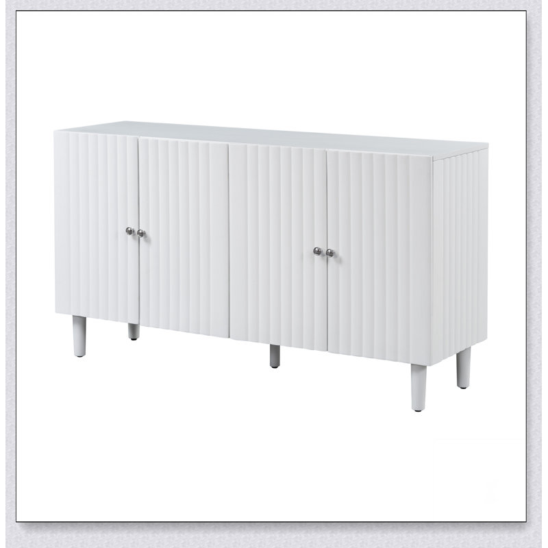 Buffet à quatre portes avec portes à motif ondulé, pieds cylindriques et poignées en métal élégantes, Blanc