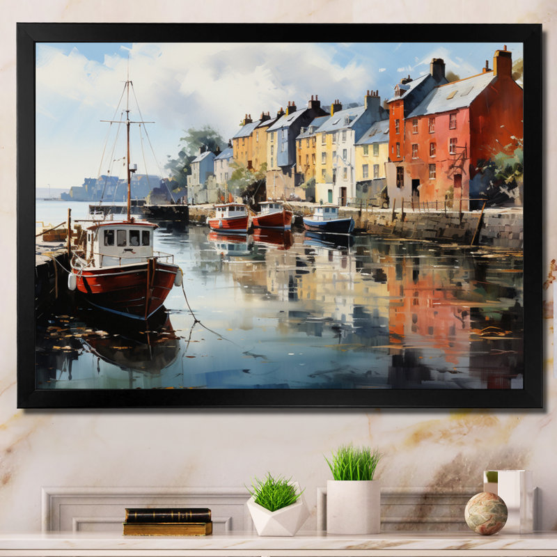 «Ireland Peaceful Harbor Villagean», art mural Irlande, H 30 po x l 40 po x P 1,5 po, Cadre simple noir