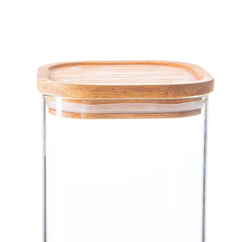 Argon Tableware - Square Glass Storage Jars with Wooden Lids - Set of 3, 16cm H x 10cm W x 10cm D