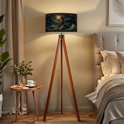  Lampe trépied sur pied phare gothique au milieu d'ondes orageuses avec lampe DEL sur pied télécommandée avec pieds en bois de hêtre et abat-jour en lin amovible pour le salon et la chambre à coucher