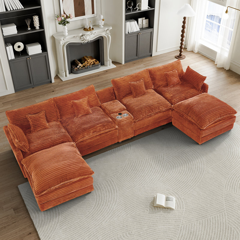 Canapé modulaire en U 7 pièces avec console centrale et chargement USB Corduroy, Velours côtelé orange