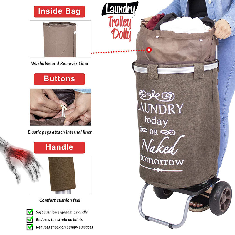 Brown Collapsible Laundry Hamper with Wheels and Frame