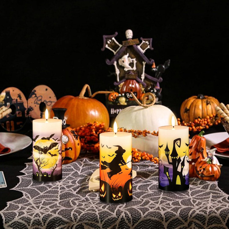 3 Pack Halloween Flameless LED Candles - 6-Hour Timer, Battery-Operated Wax with Witch/Bats/Castle Decals, Flickering for Decor