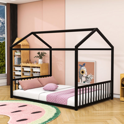 Metal House-Shaped Floor Bed With Safety Guardrails