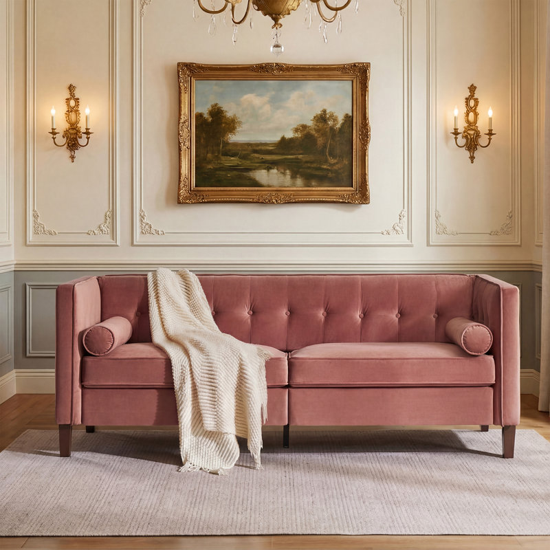 Canapé capitonné Chelsea, Velours rose, Structure en fer