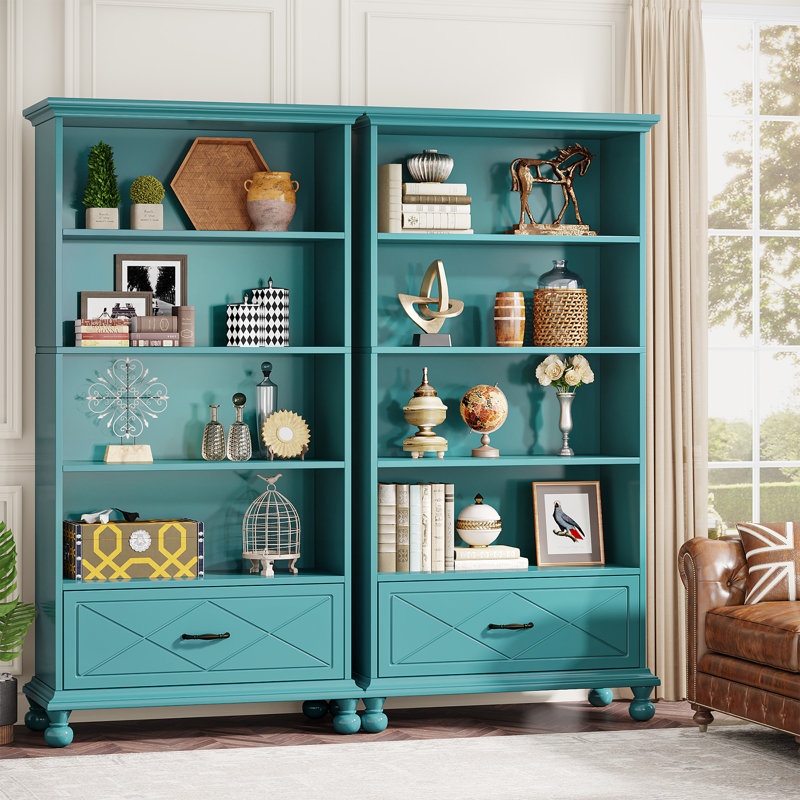 Storage Bookcase, 4-Tier Bookshelf With Drawer（Set of 2）, Blue