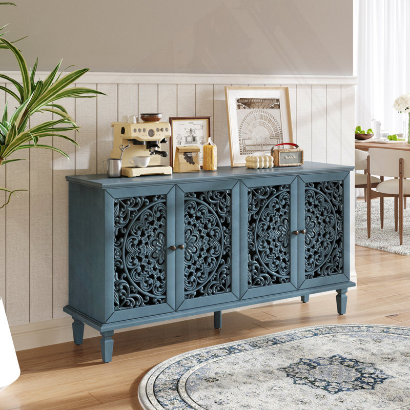 Buffet antique 60 "avec sculptures florales, Bleu antique