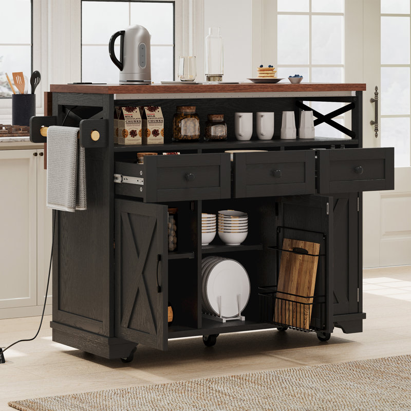 46.5" Farmhouse Kitchen Island Cart With Beaded Drape, Drop Leaf, Power Outlet, 3 Drawers & 3 Doors, Black, Black