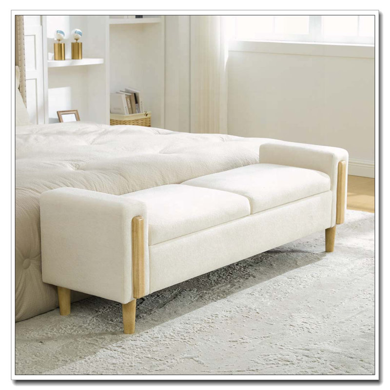 Banc de rangement rembourré avec couvercles doubles et accoudoirs, Beige