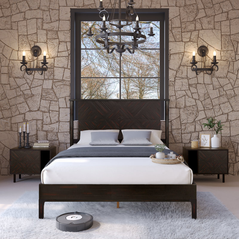 Ethan Solid Wood Platform Bed with Headboard, Rustic Bed Frame, Queen, Rustic Black