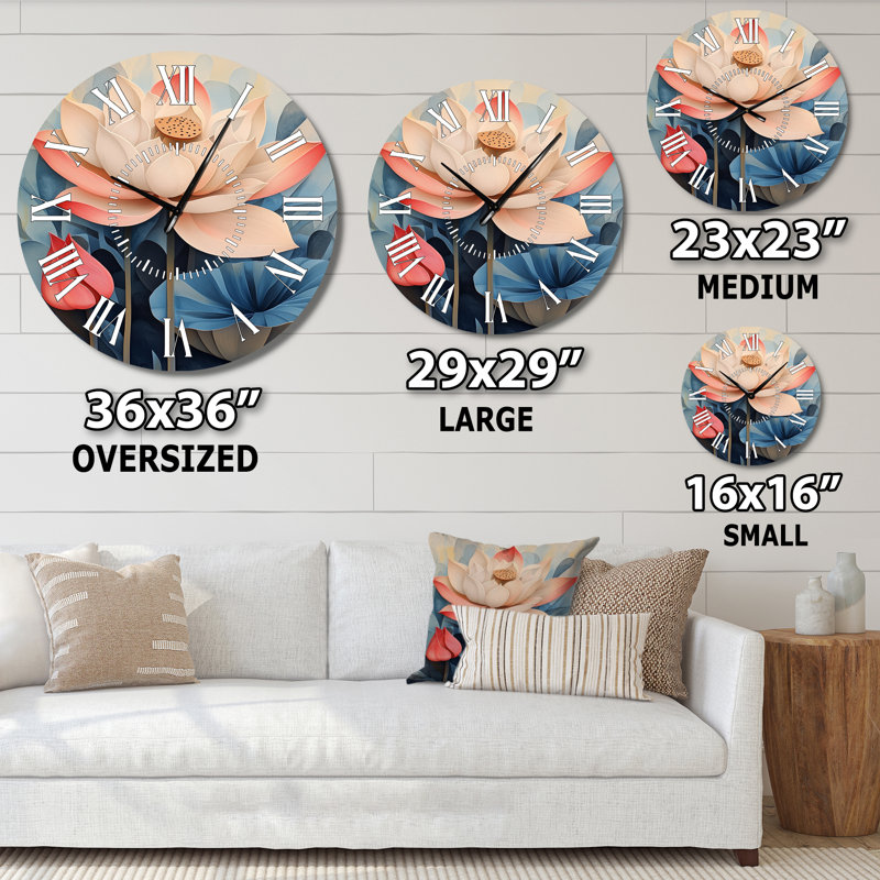 Lotus en douce floraison - Horloge murale ronde silencieuse en métal à motif floral, Surdimensionné