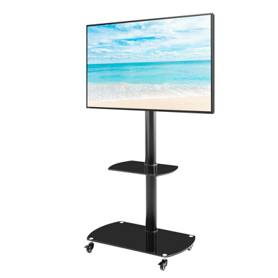 Bureau de télévision à hauteur ajustable avec tablettes en verre trempé, compatible avec les téléviseurs de 32 à 65 pouces, structure en métal, roues verrouillables, panneaux et base de support pratiques, s'adapte aux téléviseurs, aux angles, au design attrayant