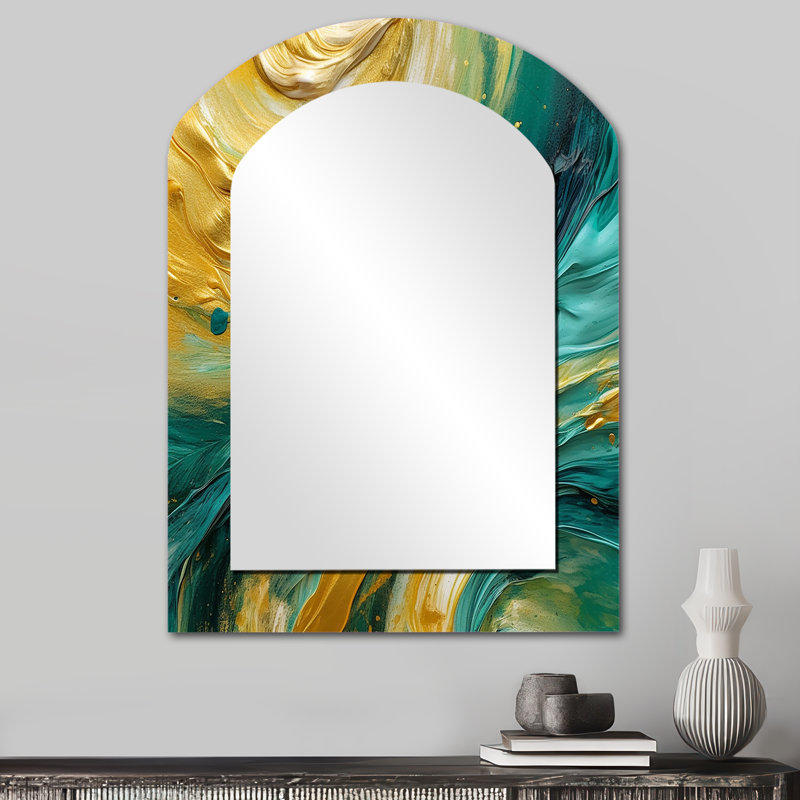 Vagues dorées dorées brisant abstrait IV - formes abstraites grand miroir mural asymétrique, 34 po x 25 po