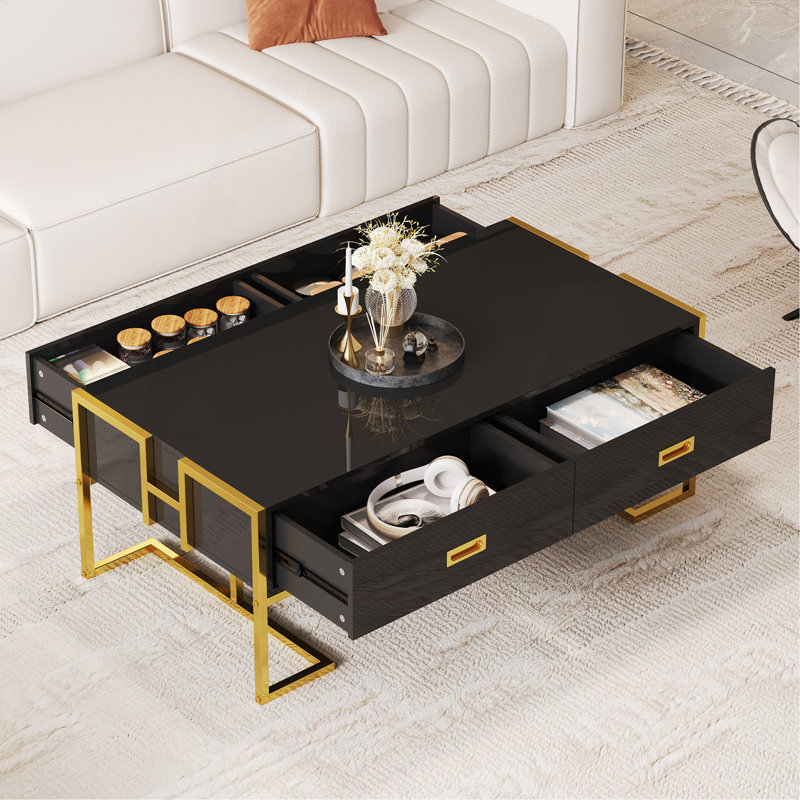 Modern  Rectangular Coffee Table With 4 Drawers And Gold Base In 47.3", Black