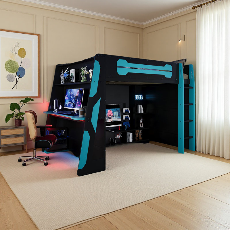 Lit mezzanine double en bois pleine grandeur avec bureau, tablettes multiples et DEL, Bleu