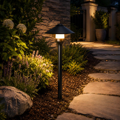 Matte Black Round-Shade 12V Path Lights, 6-Piece Aluminum Low-Voltage Set with G4 Bulbs, Waterproof Construction and Connectors for Walkway, Yard and Garden