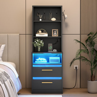 51.2"Tall Night Stand with Charging Station and LED Lights,Nightstand with Bookshelf,Bedside Table with Drawers & Power Outlets,End Side Table for Bedrooms