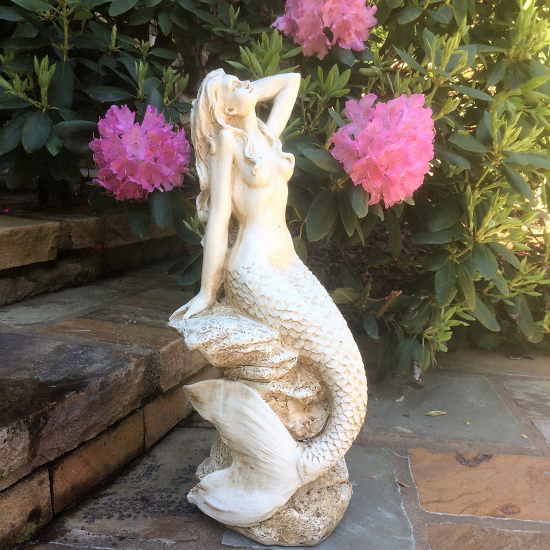 Statue de sirène sur la côte, H 20 po x l 8 po x P 9 po, Blanc antique