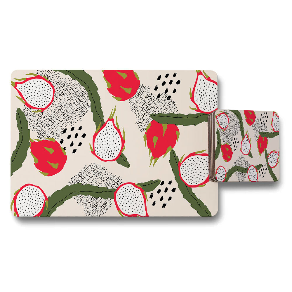 Dragon Fruit Pattern Placemat And Coaster Set For Dining Table Beige Background