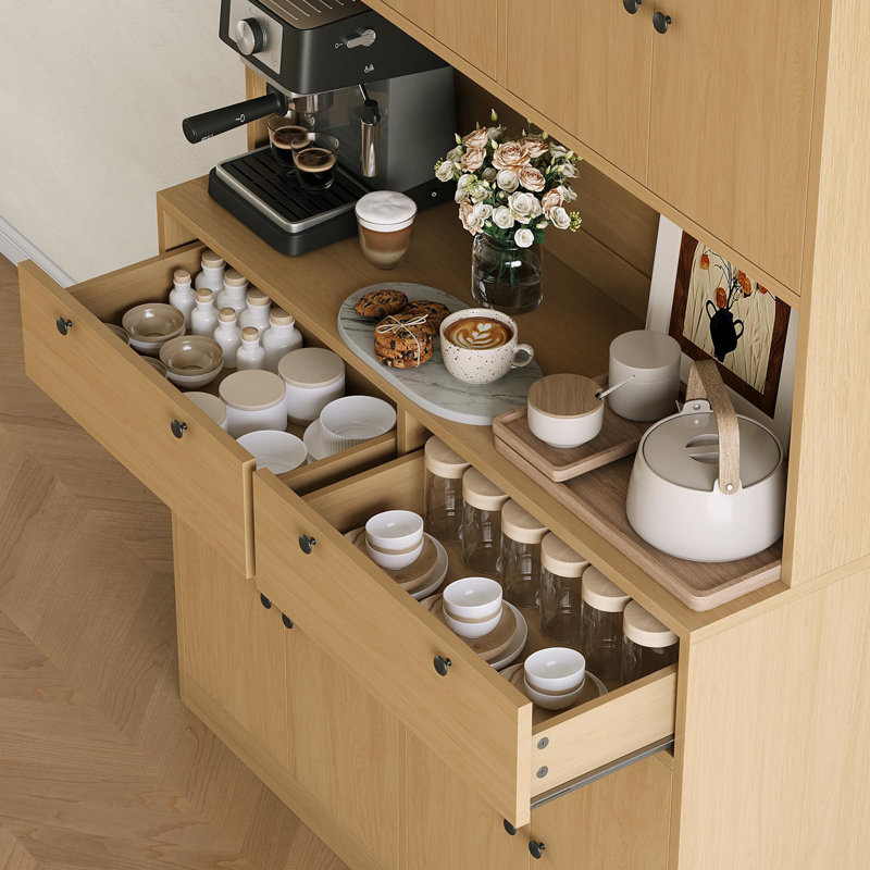 Armoire de cuisine moderne de 180 cm de hauteur avec station de recharge et grand espace de rangement, Natural