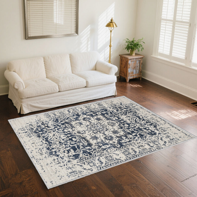 Tapis décoratif antidérapant bleu et blanc pour salon, chambre à coucher ou bureau , Rectangulaire 8 pi x 10 pi