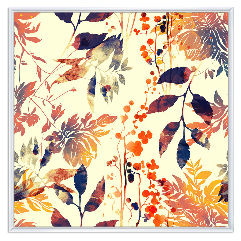 Fleurs et feuilles abstraites en jaune rétro - Impression sur toile, H 30 po x l 30 po x P 1 po, Cadre flottant blanc